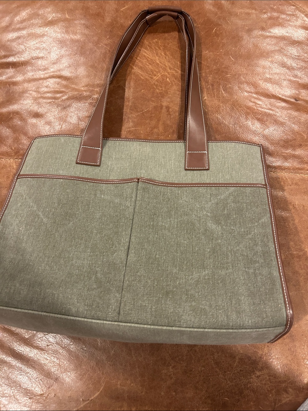 Etienne Aigner Olive Canvas Messenger Tote with Brown Leather Trim - Picture 6 of 8